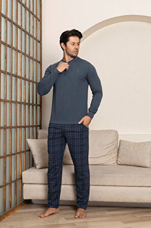Erkek 3 Düğmeli Ekose Desen Pamuk Likra Mevsimlik Uzun Kol Manşetli Cepli Pijama Takımı