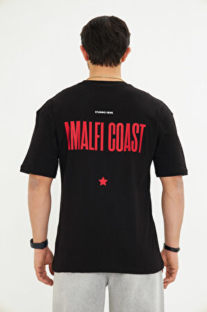 Amalfi Coast Baskılı Oversize Erkek Pamuklu Bisiklet Yaka Baskılı Tişört