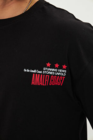 Amalfi Coast Baskılı Oversize Erkek Pamuklu Bisiklet Yaka Baskılı Tişört