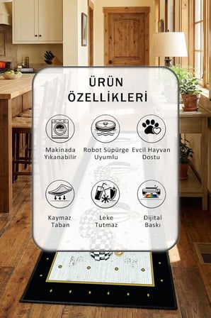 Yıkanabilir Kaymaz Kabak Goldlar Mat Siyah Mutfak Halısı Tüy Tutmaz Leke Tutmaz