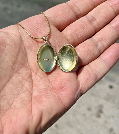 Gold Renk Zirkon Taşlı Çelik Kolye Pirinç Oval Kapaklı Resim Konulan Kolye