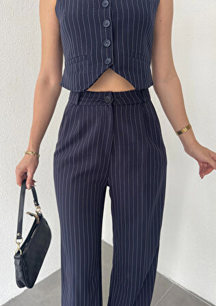 Lacivert Çizgili Düğmeli Yelek Pileli Palazzo Pantolon İkili Takım