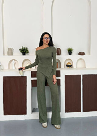 Haki Kayık Yaka Asimetrit Kesim Bluz İspanyol Paça Pantolon İkili Takım