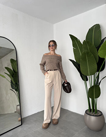 Krem Pileli Tam Kalıp Bel Oturtmalı Geniş Paça Palazzo Pantolon