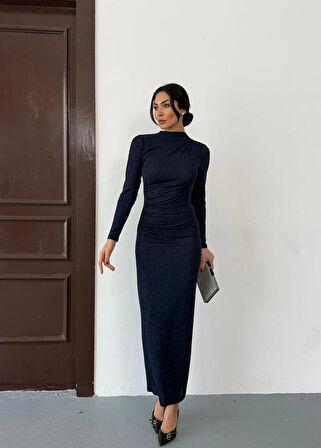 Lacivert Vucudu Saran Simli Parlak Büzgülü Drapeli Midi Boy Uzun Kollu Elbise