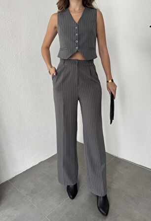 Antrasit Çizgili Kolsuz Düğmeli Astarlı Yelek