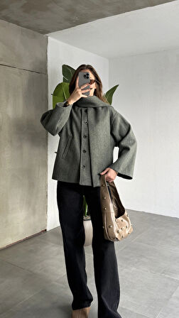 Yeşil Melanj Bisiklet Yaka Şal Aksesurlı Düğmeli Kaşe Ceket Mont