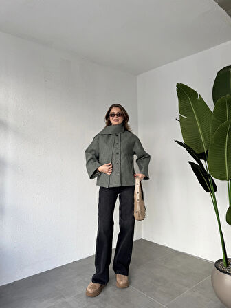 Yeşil Melanj Bisiklet Yaka Şal Aksesurlı Düğmeli Kaşe Ceket Mont