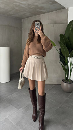 Krem Astarlı Şortlu Kemerli Pileli Kışlık Mini Etek