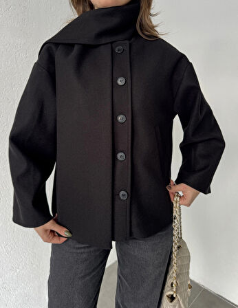 Siyah Bisiklet Yaka Şal Aksesurlı Düğmeli Kaşe Ceket Mont