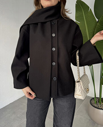 Siyah Bisiklet Yaka Şal Aksesurlı Düğmeli Kaşe Ceket Mont