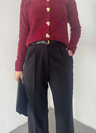 Siyah Pileli Tam Kalıp Bel Oturtmalı Geniş Paça Palazzo Pantolon