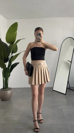 Kadın Krem Astarlı Şortlu Kemerli Pileli Yazlık Mini Etek