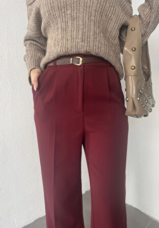 Bordo Pileli Tam Kalıp Bel Oturtmalı Geniş Paça Palazzo Pantolon