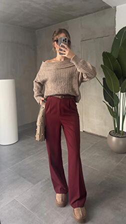 Bordo Pileli Tam Kalıp Bel Oturtmalı Geniş Paça Palazzo Pantolon