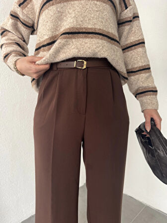 Kahverengi Pileli Tam Kalıp Bel Oturtmalı Geniş Paça Palazzo Pantolon