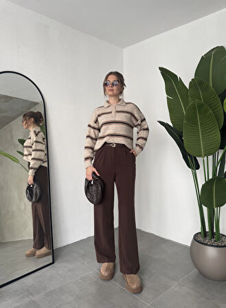 Kahverengi Pileli Tam Kalıp Bel Oturtmalı Geniş Paça Palazzo Pantolon