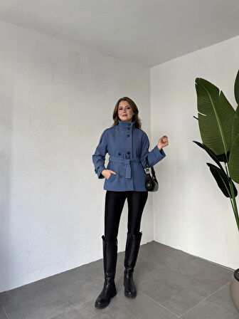 İndigo Mavi Kruvaze Boğazlı Dik Yaka Düğmeli Apoletli Kaşe Kaban Mont