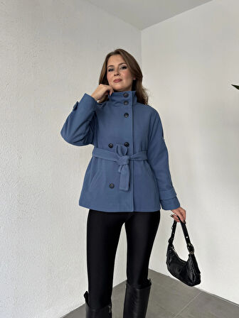 İndigo Mavi Kruvaze Boğazlı Dik Yaka Düğmeli Apoletli Kaşe Kaban Mont