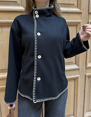 Siyah Çoban Dikişli Kaşe Düğmeli Kaşe Hırka