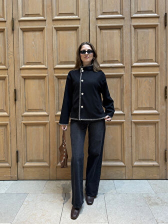 Siyah Çoban Dikişli Kaşe Düğmeli Kaşe Hırka