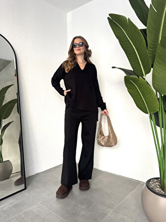 Siyah Polo Yakalı Kazak İspanyol Paça Triko Pantolon İkili Takım