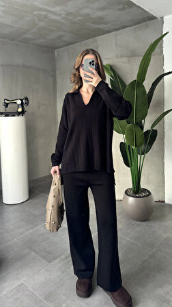 Siyah Polo Yakalı Kazak İspanyol Paça Triko Pantolon İkili Takım