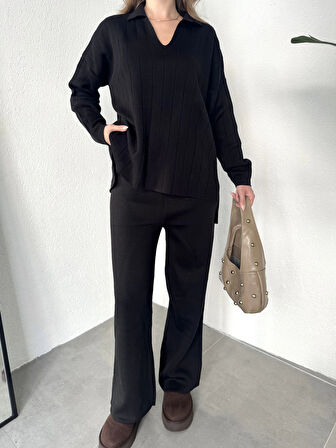 Siyah Polo Yakalı Kazak İspanyol Paça Triko Pantolon İkili Takım