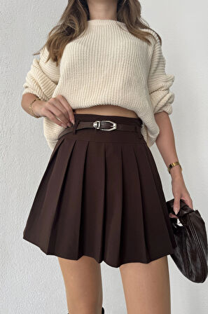 Kahverengi Astarlı Şortlu Kemerli Pileli Kışlık Mini Etek