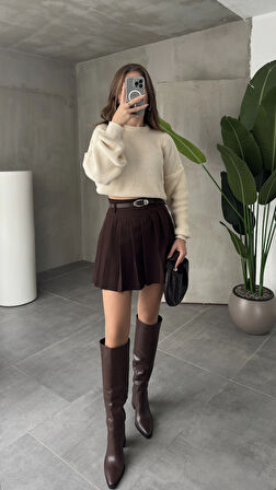 Kahverengi Astarlı Şortlu Kemerli Pileli Kışlık Mini Etek