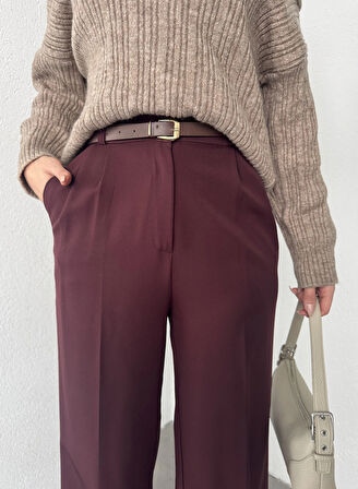 Vişne Pileli Tam Kalıp Bel Oturtmalı Geniş Paça Palazzo Pantolon