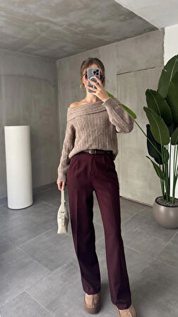 Vişne Pileli Tam Kalıp Bel Oturtmalı Geniş Paça Palazzo Pantolon