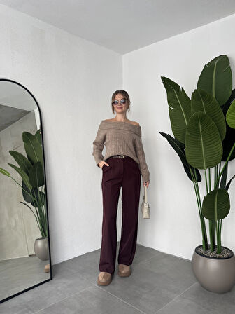 Vişne Pileli Tam Kalıp Bel Oturtmalı Geniş Paça Palazzo Pantolon