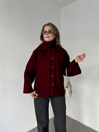 Bordo Bisiklet Yaka Şal Aksesuarlı Düğmeli Kaşe Ceket Mont