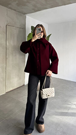 Bordo Bisiklet Yaka Şal Aksesuarlı Düğmeli Kaşe Ceket Mont