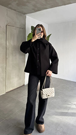 Siyah Bisiklet Yaka Şal Aksesurlı Düğmeli Kaşe Ceket Mont