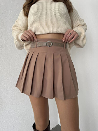 Vizon Astarlı Şortlu Kemerli Pileli Kışlık Mini Etek