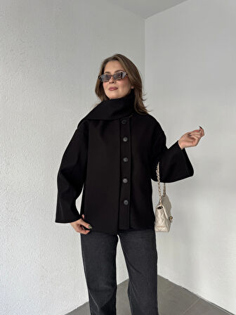 Siyah Bisiklet Yaka Şal Aksesurlı Düğmeli Kaşe Ceket Mont
