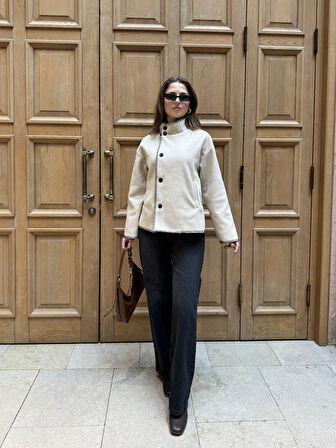 Krem Çoban Dikişli Kaşe Düğmeli Kaşe Hırka