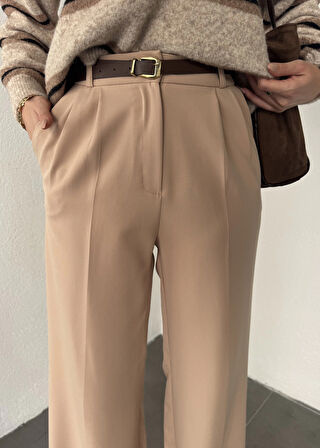 Vizon Pileli Tam Kalıp Bel Oturtmalı Geniş Paça Palazzo Pantolon