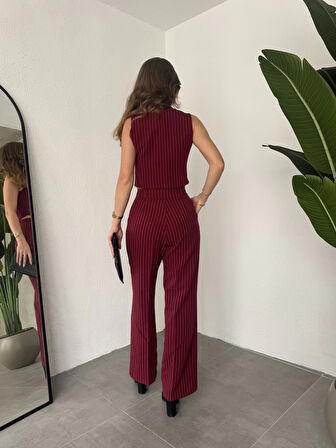 Bordo Çizgili Kolsuz Düğmeli Astarlı Yelek