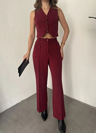 Bordo Çizgili Kolsuz Düğmeli Astarlı Yelek