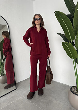 Bordo Polo Yakalı Kazak İspanyol Paça Triko Pantolon İkili Takım