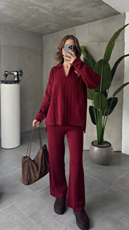 Bordo Polo Yakalı Kazak İspanyol Paça Triko Pantolon İkili Takım