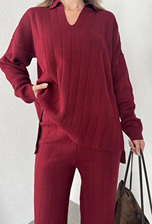 Bordo Polo Yakalı Kazak İspanyol Paça Triko Pantolon İkili Takım