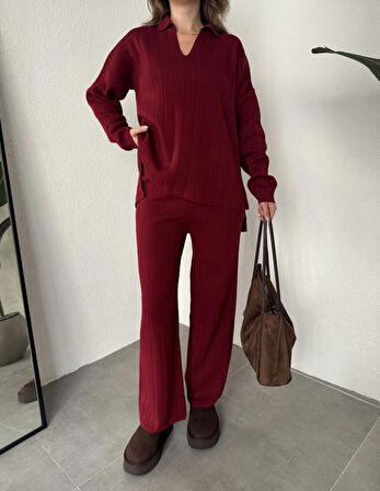 Bordo Polo Yakalı Kazak İspanyol Paça Triko Pantolon İkili Takım