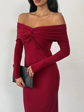 Kadın Bordo Madonna Yaka Düğümlü Uzun Kollu Midi Boy Elbise