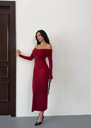 Kadın Bordo Madonna Yaka Düğümlü Uzun Kollu Midi Boy Elbise