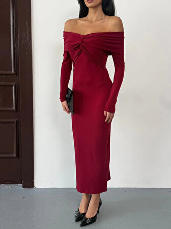 Kadın Bordo Madonna Yaka Düğümlü Uzun Kollu Midi Boy Elbise