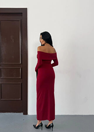 Kadın Bordo Madonna Yaka Düğümlü Uzun Kollu Midi Boy Elbise